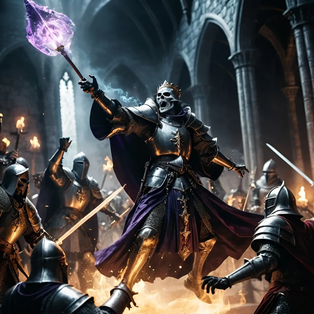 Prompt: photo realistic skirmish  between Sinister DnD character Lich floating in the air and some knights, robes, battle scene, knights, magical flashes,  intense aura, high contrast, fantasy, highres, detailed, sinister, magical, dark castle, battle, DnD, radiating magic, intense lighting