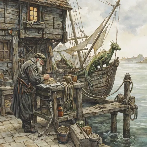 Prompt: (old man ship builder and his dragon), (antique wooden wharf at the waters edge), (cranes and ropes) in intricate detail, medieval fantasy setting, watercolor painting anton pieck style, soft and muted colors, warm ambient lighting, filled with dust motes, nostalgic atmosphere, charming clutter, whimsical and dreamy quality, ultra-detailed, inviting vibe that captures the essence of craftsmanship and imagination.
