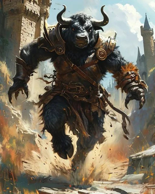 Prompt: (DnD character: minotaur), charging fiercely in battle, epic scene depicting a medieval fantasy confrontation, vibrant colors, dramatic brushstrokes, (dynamic movement), immersive background with a crumbling castle, lush forests, and swirling dust, oil painting style evokes a sense of adventure, detailed textures, captures incredible energy, awe-inspiring, ultra-detailed.