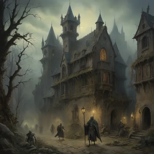 Prompt: Anton Pieck-style overview oil painting of a dark medieval fantasy hold, dark lighting, foggy atmosphere, overgrown ruins, haunting ghosts, skeleton knights, undead, death,  eerie and dark, detailed brushwork, haunting figures emerging from the mist, haunted castle, old world charm, oil painting, dark tones, medieval, haunting atmosphere, eerie figures, detailed ruins, foggy setting, ghostly presence, atmospheric lighting,