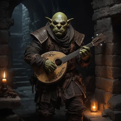 Prompt: photo realistic full body, male orc bard DnD character exploring a dungeon,  glowing mandolin, oil painting, sharp lines, detailed face, perfect face, victorian style bard outfit, detailed, high quality, dark tones, danger lurking in the shadows, elaborate explorer gear, ancient glowing runes, mysterious atmosphere, old world charm, 