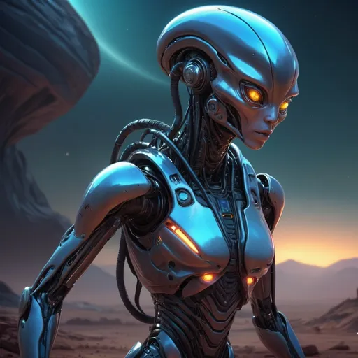 Prompt: full body, tough Female robot human hybrid exploring alien planet, realistic digital art, high-res, alien fauna, futuristic technology, vibrant alien landscapes, intense and inquisitive gaze, detailed 3D rendering, professional, gorgeous face, atmospheric lighting, futuristic sci-fi, advanced robotics, otherworldly atmosphere, strong stance, high-tech gadgets, alien wildlife, immersive and detailed, ultra high-res, digital painting, sci-fi, vibrant alien colors, shining lights