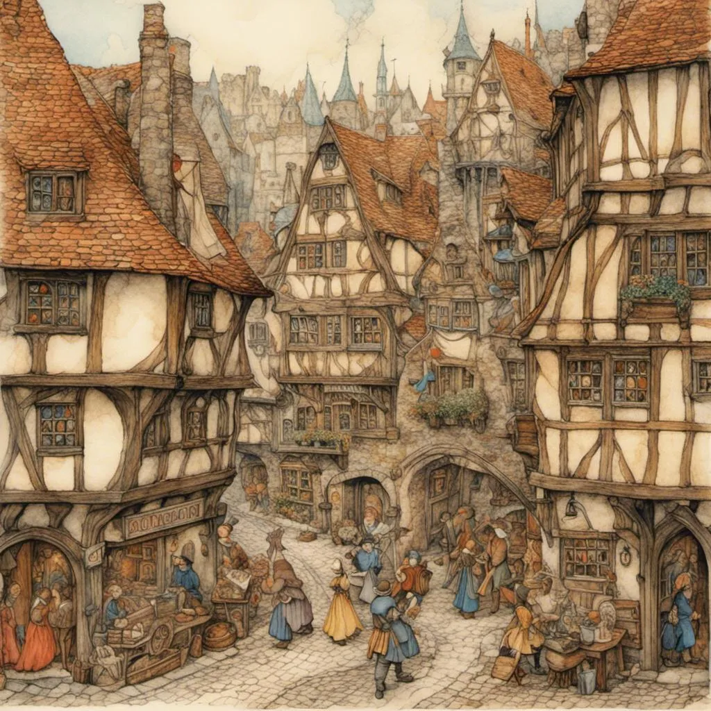 Prompt: <mymodel>Medieval fantasy city in sommer, bustling crowd, cobblestone streets, detailed medieval architecture, high fantasy, intricate snowflake patterns, warm and cozy lighting, highres, detailed crowd, fantasy, medieval, bustling,  intricate architecture, cozy lighting, detailed environment, epic atmosphere