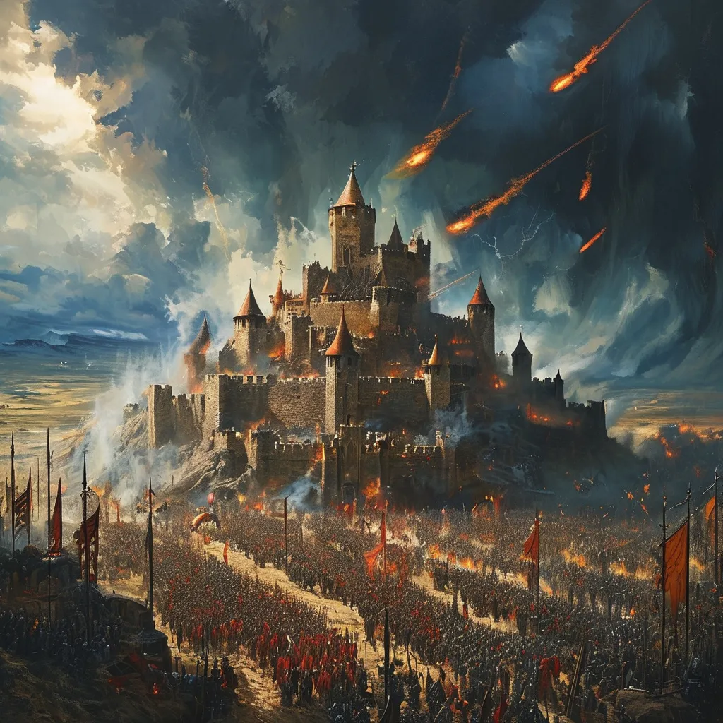 Prompt: aerial view, (oil painting), epic medieval fantasy, (storming of the castle), armies marching in formation, powerful siege engines, spells arcing through the gloomy sky, dense dark clouds, (dramatic lighting), intense mood of impending doom, intricate details of armor and weaponry, atmospheric shadows, (HD) 고급 4k quality, deeply saturated color scheme adding to the darkness.