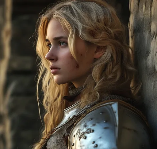 Prompt: (Beautiful side view portrait of a gorgeous female soldier), blood and goar, muddy, leaning at the city gates, battle worn, medieval Fantasy, petit figure, sad eyes, Straight stunning blond hair (flowing over shoulders), elegant worn armor , post fight sadness, soft natural lighting, harmonious colors, dreary setting, ultra-detailed, feminine grace, cinematic depth, high quality, (photorealistic).