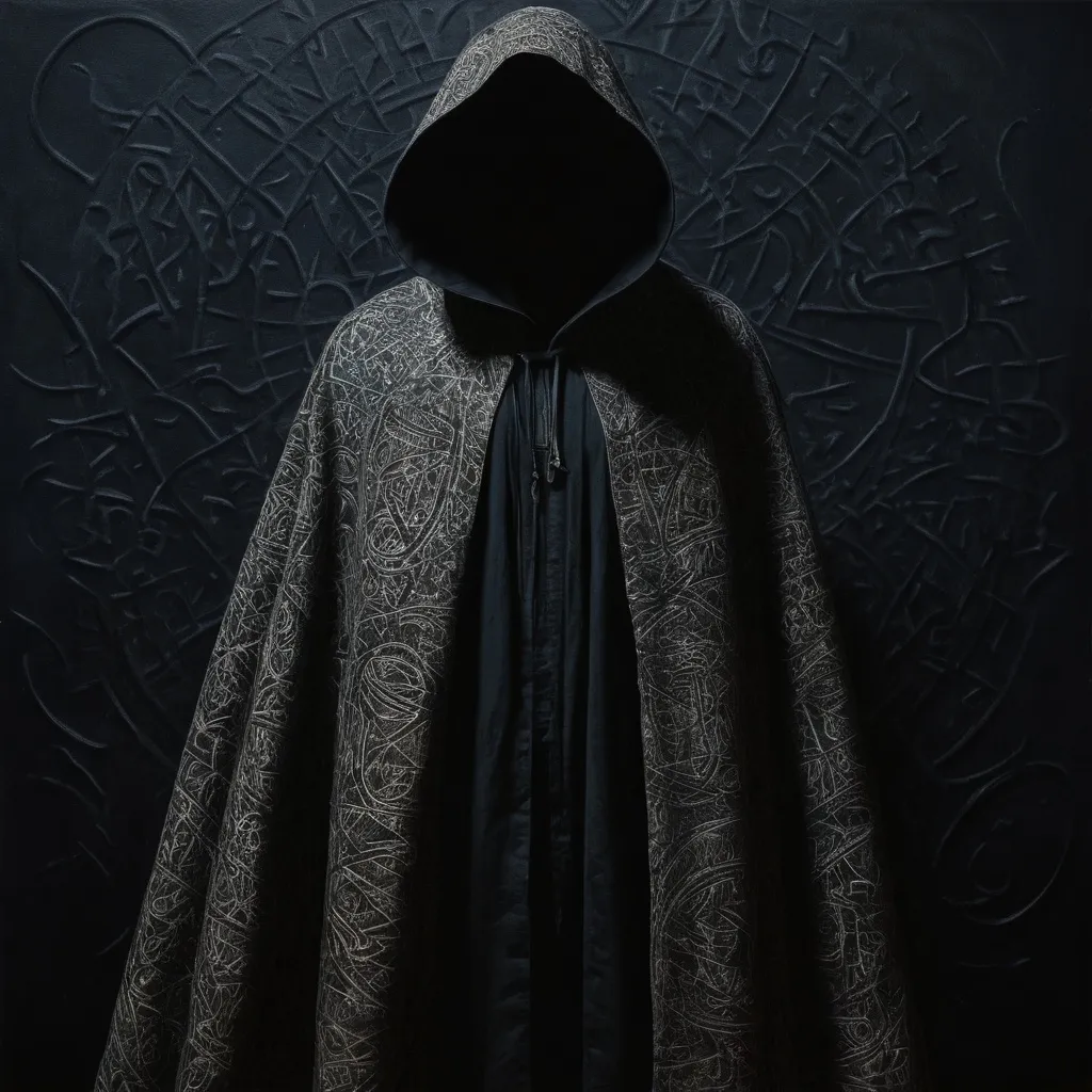 Prompt: (oil painting of a cloak), (invisibility cloak) blending into shadows, intricate pattern of magical runes, transparent,  soft brush strokes conveying a mystical ambiance, darkness at night,  