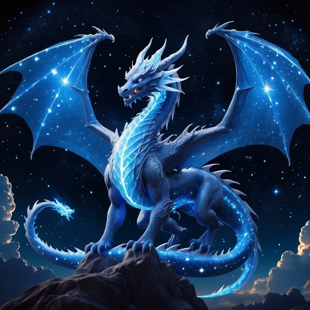 Prompt: Dragon god of justice, (majestic constellation), celestial being, luminous stars, (night sky), impressive wide wingspann, deep cosmic blue backdrop, ethereal glow, constellations twinkling, mythical aura, (celestial theme), sense of grandeur and mysticism, (highly detailed) lighting, enchanting atmosphere, twinkling fragments, cosmic elements weaving together creating a stunning display.