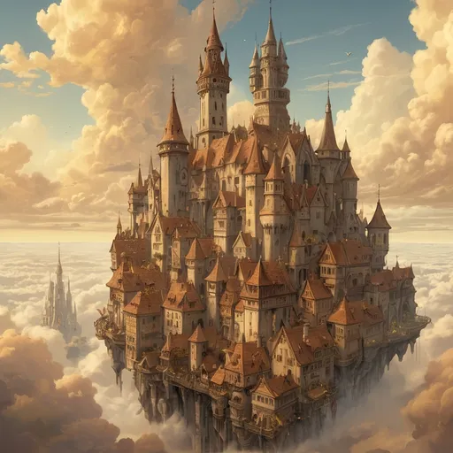 Prompt: (floating city), medieval fantasy, golden clouds, Anton Pieck style, **dramatic color palette**, warm golden tones, majestic atmosphere, towering spires and turrets, intricate detailwork, dreamlike quality, elevated above the clouds, **ornate architecture**, whimsical and enchanting setting, surreal and magical environment, vibrant sky, HD, ultra-detailed, high quality, cinematic masterpiece, **epic and awe-inspiring.**