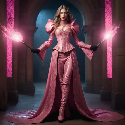 Prompt: gorgeous woamn in an intricate pink leather royal gown, medieval fantsay, holding a glowing mages staff,  high-quality, intricate lace boots, lace gloves, detailed makeup, standing, straight hair, striking pose, vibrant pink tones, professional lighting, ultra-detailed, dignified stance, detailed makeup, professional lighting