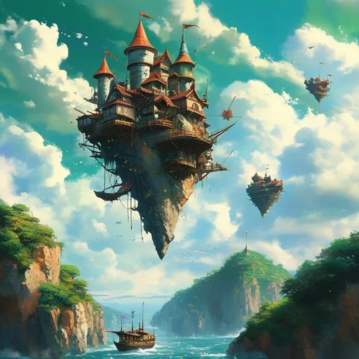 Prompt: (studio ghibli style painting with a flying stone magetower and a flying ship), fairytail, magical atmosphere, vibrant colors, intricate details, lush green floating islands, glowing ambient light, epic and adventurous mood, high depth cinematic artistry, highly intricate, breathtaking scenery, (4K) ultra-detailed, masterpiece