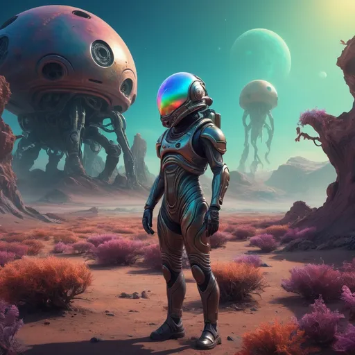 Prompt: Space explorer on a strange planet, alien landscape, high-res digital painting, sci-fi, surreal colors, steam punk, body tight suit with futuristic design, alien flora and fauna, atmospheric lighting, detailed helmet, otherworldly atmosphere, exploratory mission, mysterious environment, high-tech equipment, vibrant and surreal tones, professional digital art