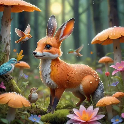 Prompt: multiple animals in the forest, cute, vibrant spring colors, intricate floral details, detailed dew drops on petals, ethereal and glowing aura, high quality, realistic, , glowing aura, sunrays, bunny's, foxes, birds, deers