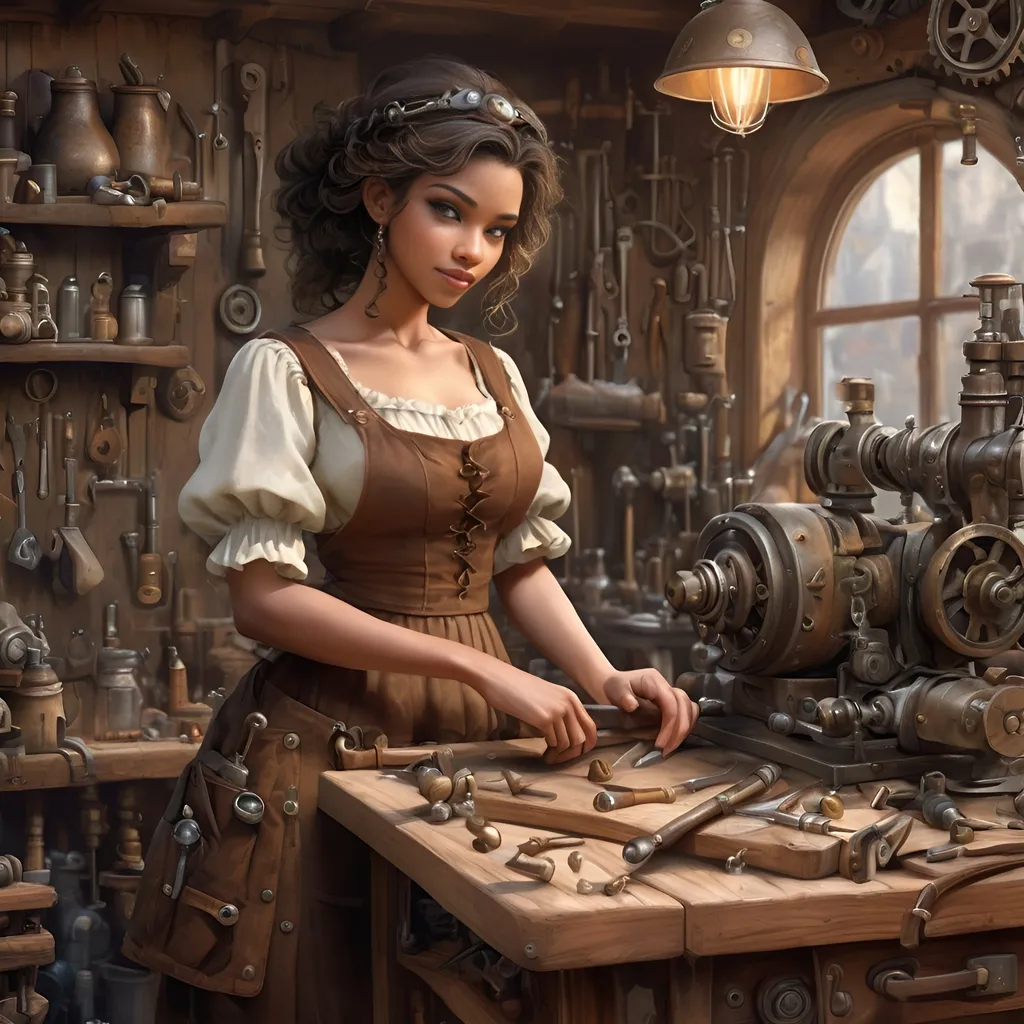 Prompt: (beautifull but timid female tinkerer character with dark skin), imperial fantasy, anton pieck style, hyper realistic digital art, intricate mechanical sketches, workshop, wooden work bench, pretty face, mechanical tools, intricately detailed, cozy atmosphere, cluttered yet organized, vintage decor, enchanted machinery, richly textured, high-quality 4K, ultra-detailed illustration, storytelling elements, medieval alchemy tools, captivating setting, expertly crafted handles and gears, rustic wooden shelves in the background, smoke tendrils.