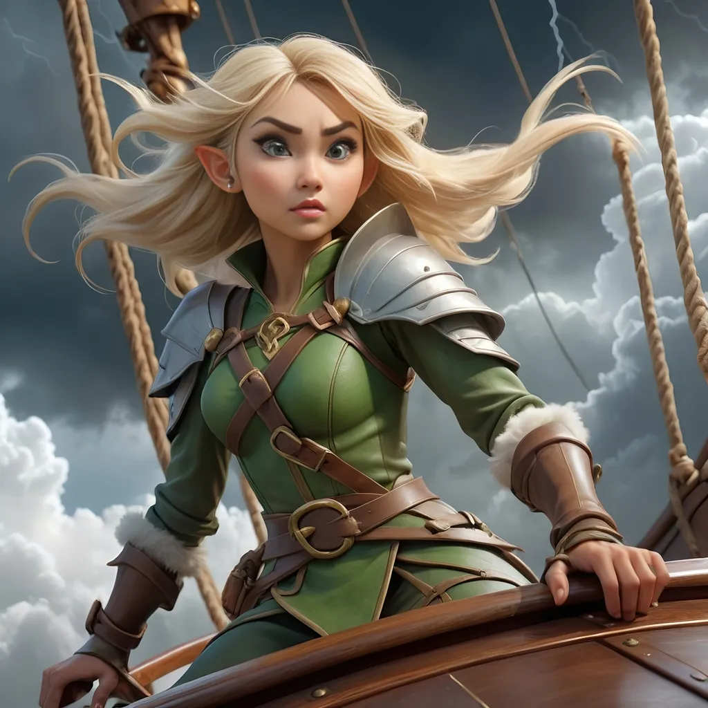 Prompt: blond asian female elf adventurer on a flying ship in the clouds, medieval fantasy, high up in the sky, sleek ship, phloughing through the clouds, intense expression, storm and wind,  rough admosphere, pretty face, beautiful curves, fantasy setting, detailed background with fluffy storm clouds, lightning, dynamic and energetic pose, ultra-detailed, 4K, high quality, cinematic colors