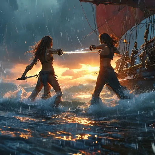 Prompt: (epic swordfight), fight scene, intense scene on a ship, pouring rain, storm clouds swirling ominously, vivid lightning strikes illuminating the dark sky, fierce winds swirling around, (female combatants) wielding a shimmering sword, casting magical spells, high tension and dynamic motion, highly detailed features, dramatic atmosphere, cinematic quality, ultra-detailed, 4K resolution, a clash of power amidst the tempest.