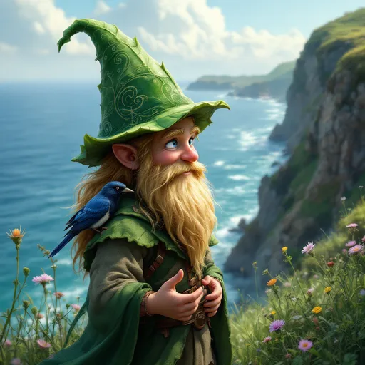 Prompt: digital art, dnd Character adventurer gnome druid with a leaf hat, blond hair and beard, young magpie on the grass cliffs, calm coastal atmosphere, serene sea view, vivid green grass, tranquil weather, majestic cliffs, a raven soaring above in the clear blue sky, enchanting forest elements, magical ambiance, detailed, whimsical and serene mood, nature's harmony.