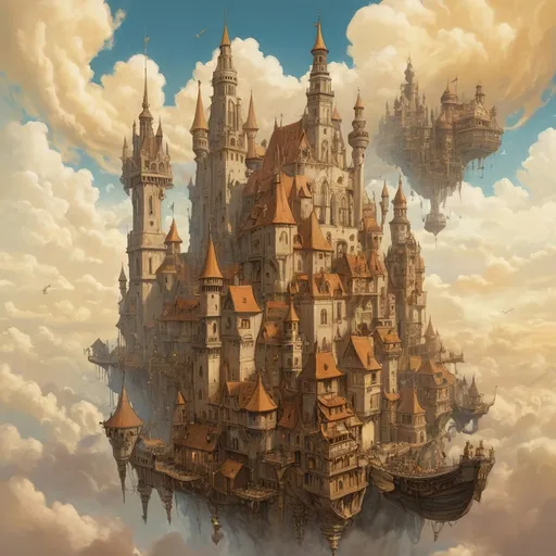 Prompt: (floating city), medieval fantasy, golden clouds, Anton Pieck style, **dramatic color palette**, warm golden tones, majestic atmosphere, towering spires and turrets, intricate detailwork, dreamlike quality, elevated above the clouds, flying ships, **ornate architecture**, whimsical and enchanting setting, surreal and magical environment, vibrant sky, HD, ultra-detailed, high quality, cinematic masterpiece, **epic and awe-inspiring.**