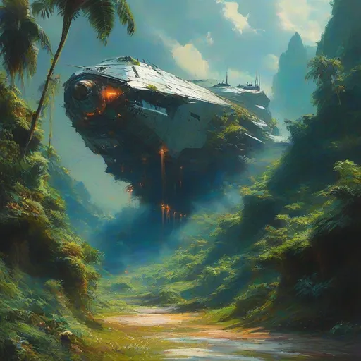 Prompt: (captured scene of a large crashed space ship), (lush jungle background), (dramatic cliffs), debree field, (small patches of flickering fire), oil painting style, vibrant colors, plant rising on the horizon, rich textures, contrasting warmth of flames against cool jungle greens, atmospheric depth, high detail, creating a sense of adventure and mystery.