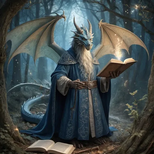 Prompt: Anton Pieck style illustration of a magnificent dragon sorcerer in enchanted woods, anchient magical tome with runes and sparks floating in the air, spells, small illuminated crystals, two wings, romantic lighting, vintage paper texture, detailed blue dragon scales and ancient wizard's robe, highres, vintage, detailed, romantic, enchanting, magical, traditional illustration, warm tones, atmospheric lighting