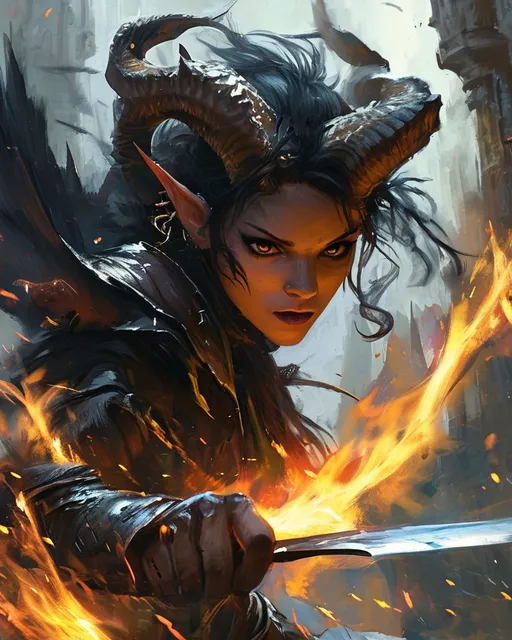 Prompt: (female DnD character: demon rogue), swirling through a battle, epic scene depicting a medieval fantasy confrontation, vibrant colors, dramatic brushstrokes, (dynamic movement), stunning demonic face, horns and a devils tail, immersive background with a crumbling castle, lush forests, and swirling dust, oil painting style evokes a sense of adventure, detailed textures, captures incredible energy, awe-inspiring, ultra-detailed.