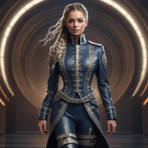 Prompt: photorealistic full-body of a (beautiful) female in a (detailed ceremonial high-ranking military suit), (buttoned coat), (futuristic leather boots), a (gorgeous face) showcasing (detailed features) with (braided hair), in an (elegant pose), emanating (imposing) presence with a (glowing charm), surrounded by (magical radiating lines), set against a (fantasy backdrop) that enhances the (ethereal lighting), ultra-detailed, high-quality.