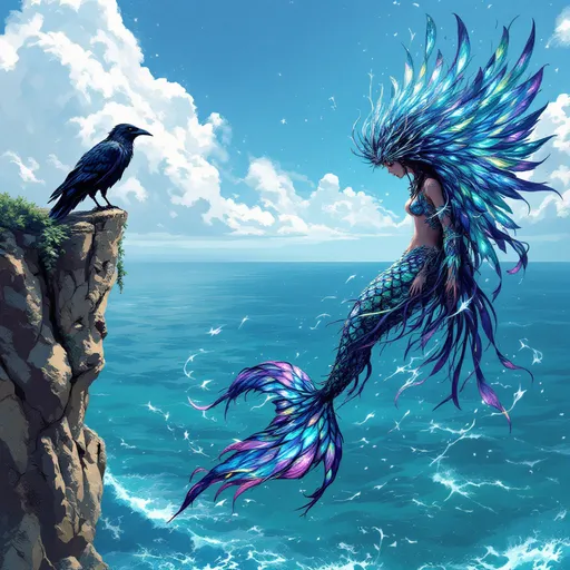 Prompt: raven casting a polymorph spell,  transforming an adivasi mermaid into a magpie, mystical energy swirl, vibrant colors, dynamic motion, background of a clifside at the sea, ethereal ambiance, detailed feather textures, enchanting light effects, high fantasy theme, whimsical atmosphere, ultra-detailed illustration, 4K resolution, fantasy art style.