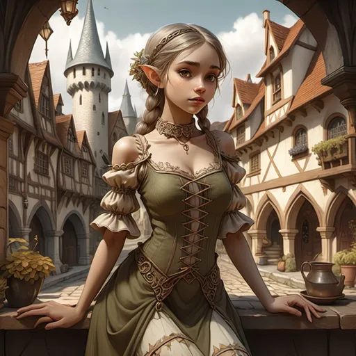 Prompt: (depiction of a slave elf girl), wearing an intricate medieval maid's outfit, nostalgic (Anton Pieck-inspired architecture) in the background, showcasing whimsical details, charming warm tones, and rich textures, a fantasy ambiance, enchantingly detailed, evoking a sense of wistful beauty, high-quality (4K), ultra-detailed, magical atmosphere.