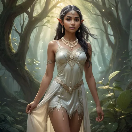 Prompt: Full-body indian elven girl , mystical forest setting, wearing a pearl colored glossy short dress, ethereal and glowing, high-quality, digital painting, detailed features, elegant pose, vibrant and lush environment, magical, fantasy, ethereal lighting
