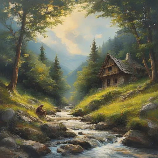 Prompt: (peaceful medieval hut), stone and wooden structure, nestled beneath large leafy tree branches, anton peick style oil painting, idyllic hilly flowing landscape, same lone trees surrounding, adventurer resting in the grass, charming little stream with stones and gentle falls, vibrant sunny day with glowing golden clouds, (ultra-detailed), rich colors, dreamy atmosphere, inviting nature scene, tranquil and serene ambiance.