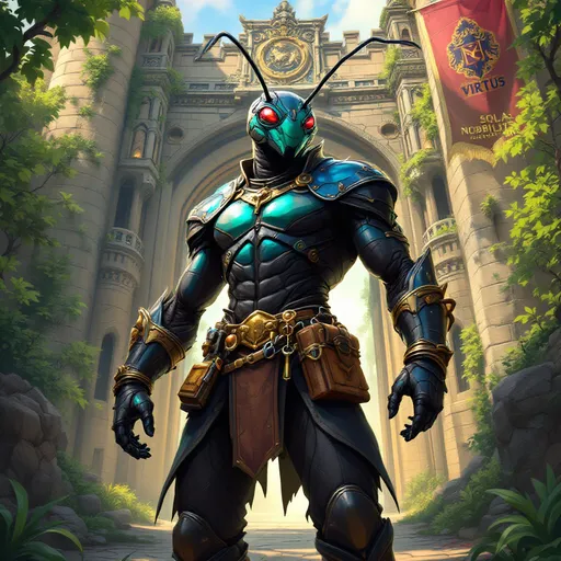 Prompt: fantasy style humanoid ant, carapace and leather suit, four arms, adventuring tools, embarking on an adventure, set against medieval city gates, intricate armor details, relaxed setting lush greenery surrounding the gates, high quality and ultra-detailed artwork.