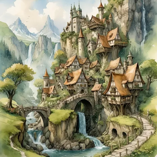Prompt: realistic water color of a  distand Anton Pieck-style elf village, quaint elegant nature inspired towers and spires, lush green, sharp lines, giant trees, cascading waterfall, a flowing stream, high quallity, connected paths, high resolution, detailed, wood bridge, majestic mountains in the background, castle in the background, detailed and vibrant, high quality, Anton Pieck style, elf village, nostalgic, warm tones, lush green fields, cascading waterfall, mountains, quaint tree houses, castle on the cliff
