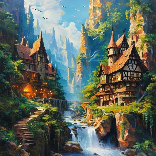 Prompt: (anton pieck style oil painting), vibrant jungle cliffs, enchanting medieval fantasy tavern with towers and spires, grand entrance,  wild stream, (golden clouds) casting a warm glow, intricate smooth lines, mystical ancient ruins, magical swirls enveloping the scene, detailed runes illuminating the surroundings, (dreamy atmosphere), lush greenery, ethereal lighting, captivating storytelling, (ultra-detailed) composition.