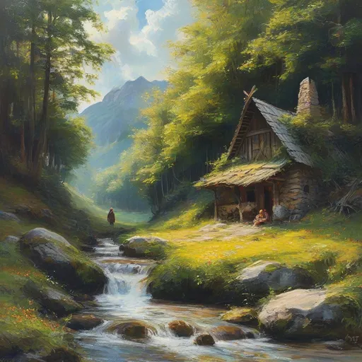 Prompt: (peaceful medieval hut), stone and wooden structure, nestled beneath large leafy tree branches, anton peick style oil painting, idyllic hilly flowing landscape, same lone trees surrounding, adventurer resting in the grass, charming little stream with stones and gentle falls, vibrant sunny day with glowing golden clouds, (ultra-detailed), rich colors, dreamy atmosphere, inviting nature scene, tranquil and serene ambiance.