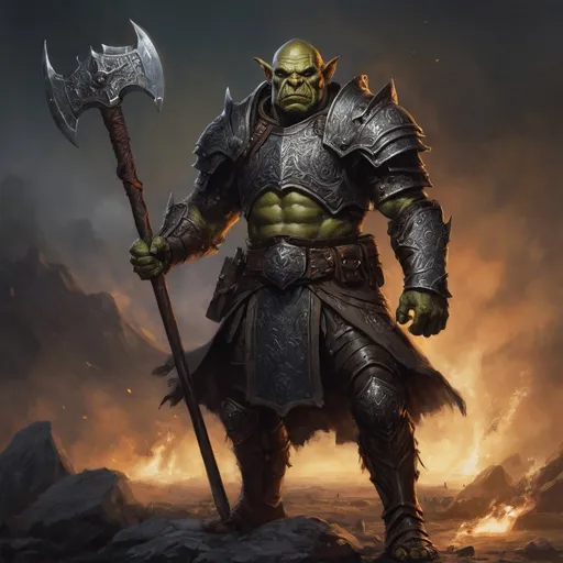 Prompt: photo realistic full body, male orc general DnD character overlooking the battlefield, charismatic, radiating sparkeling magical waraxe,  oil painting, sharp lines, detailed face, perfect face, victorian style armor outfit, detailed, high quality, dark tones, danger lurking in the shadows,  ancient glowing runes, mysterious atmosphere, old world charm, 