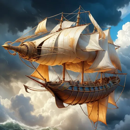 Prompt: Fantasy style, Airship, detailed sails billowing in the wind, 4k, ultra-detailed, realistic painting, high in the sky, stormy atmosphere, golden hues, dramatic lighting, atmospheric clouds, detailed ropes and rigging, epic adventure, high quality, realistic, stormy, magnificent, golden tones, billowing sails, dramatic sky, detailed textures