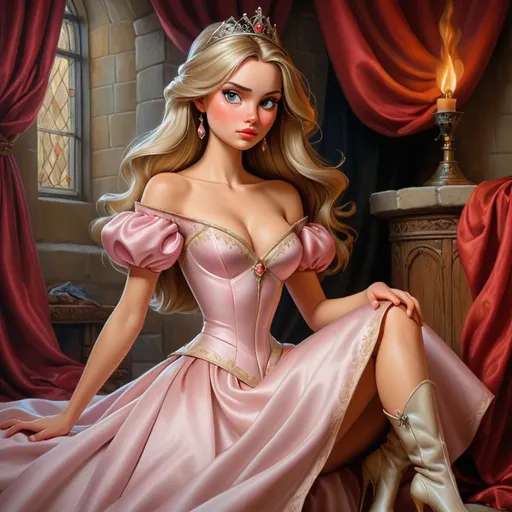 Prompt: Hot girl in a princess gown, oil painting, detailed features, high quality, professional, elegant, satin finish, detailed facial features, flowing fabric, sensual, warm and soft lighting, oil painting, fully body, high heels, boots, medieval fantasy