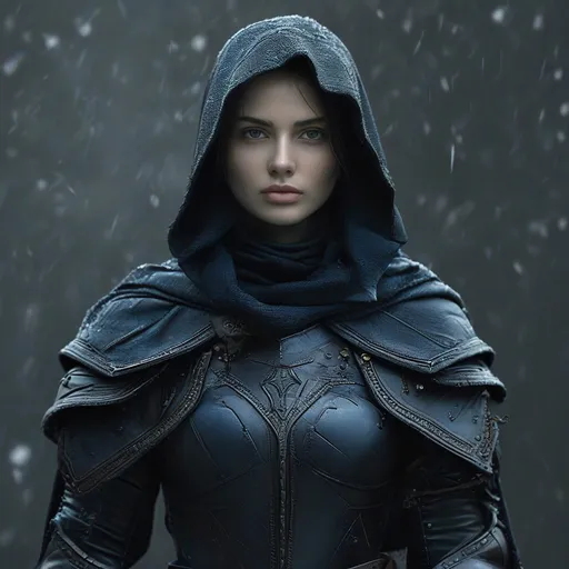 Prompt: Full body, (long full leather shearling coat), (slender Design), narrow waist, closed, nimble, free range of movement, medieval fantasy, winter armor, tough, dark blue exterior, rugged design, intricate stitching details, atmospheric winter background with falling snowflakes, soft light illuminating the jacket giving it an edgy yet cozy look, ultra-detailed, high quality. 