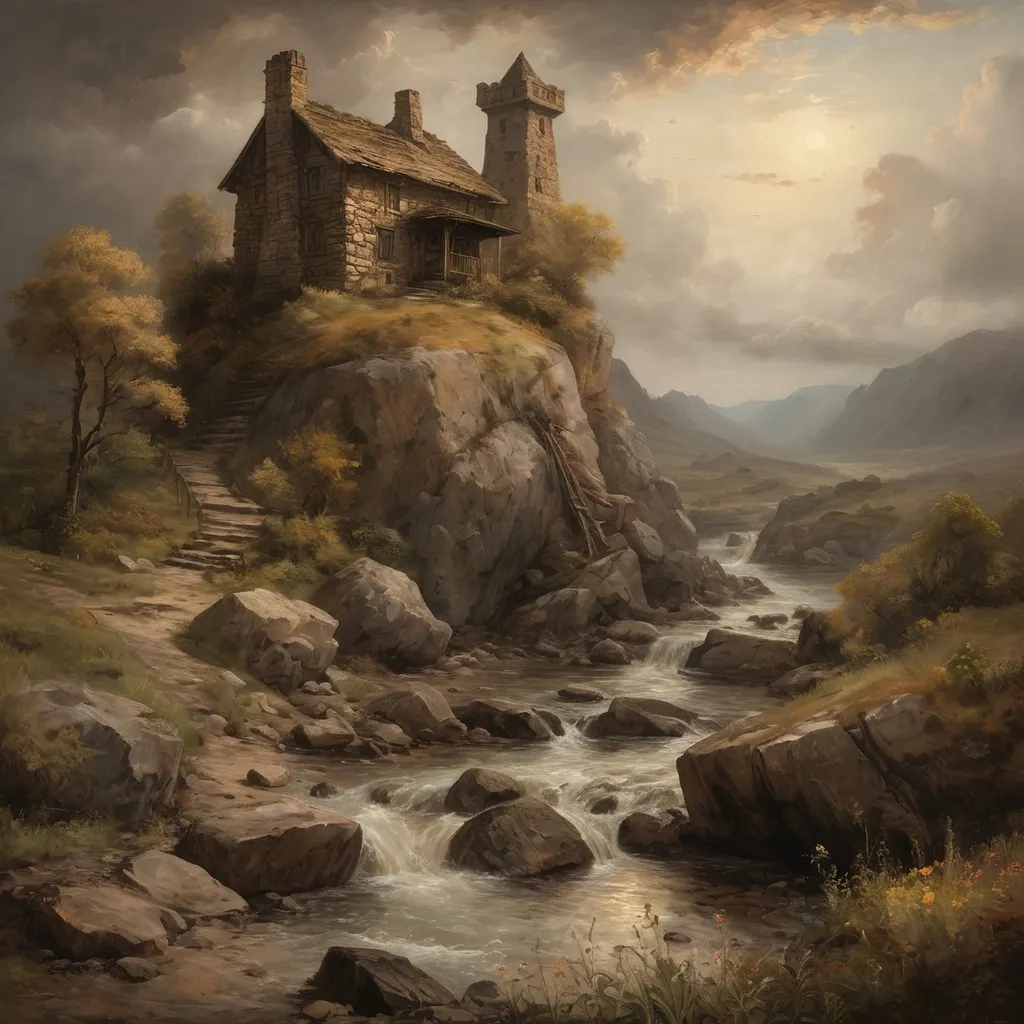 Prompt: (An oil painting of a rocky landscape with a stone hunting cabin and a lookout tower) in medieval fantasy style, john constable, dramatic lighting, earthy brown tones, detailed textures, wild stream, enchanting atmosphere, foggy valleys, ancient stone structures, wildflowers, rustic charm, ultra-detailed, high resolution, golden clouds, masterpiece quality, deep shadows যে rich contrast, realistic proportions, intricate details, nature's grandeur