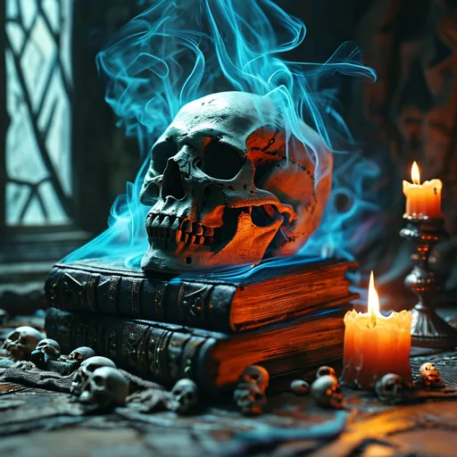 Prompt: (4K) necromantic grimoire, dark fantasy elements, swirling dark smoke, eerie bones and skulls, mystic spells illuminating the pages, Antique book with age-worn leather cover, shadowy surroundings, dim candlelight casting ominous shades, hauntingly atmospheric, deep shadows, enchanted medieval ambiance, ultra-detailed, gothic design, creating a sense of dark magic and mystery.