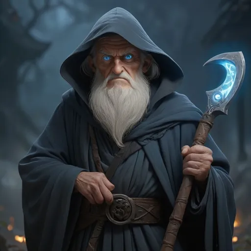 Prompt: (mysterious old man wielding a reaper scythe), dark grey tattered robes, an hourglass on his belt, (ancient blue illuminating eyes), night setting,  sunny day, fog, ultra-detailed, cinematic masterpiece, 4K.