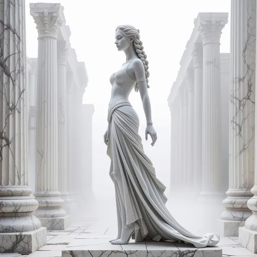 Prompt: realistc, Full body, (calacatta marble statue) of a (stunningly beautifull mistress) with long braided hair, gorgeous strong face, long medieval fantasy dress, with straps and lace, stunning high heels, dominant stance, looking over shoulder, set between ancient ruins, magical spells in the air