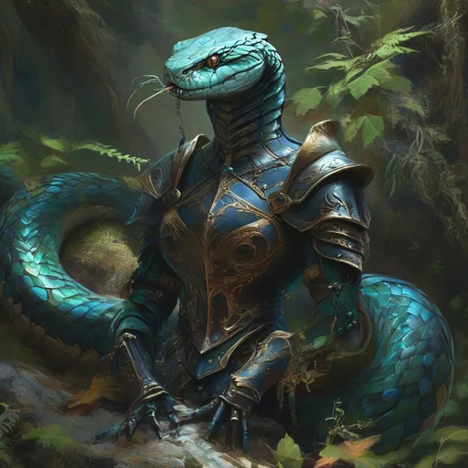 Prompt: humanoid snake hybrid, blue and green scales, medieval fantasy setting, dynamic pose, wearing intricate leather armor, scales glistening under soft light, vibrant green foliage in the background, whimsical atmosphere, fantastical elements around her, high-quality illustration, mystical ambiance, nature entwined with armor, (Dramatic color contrast).