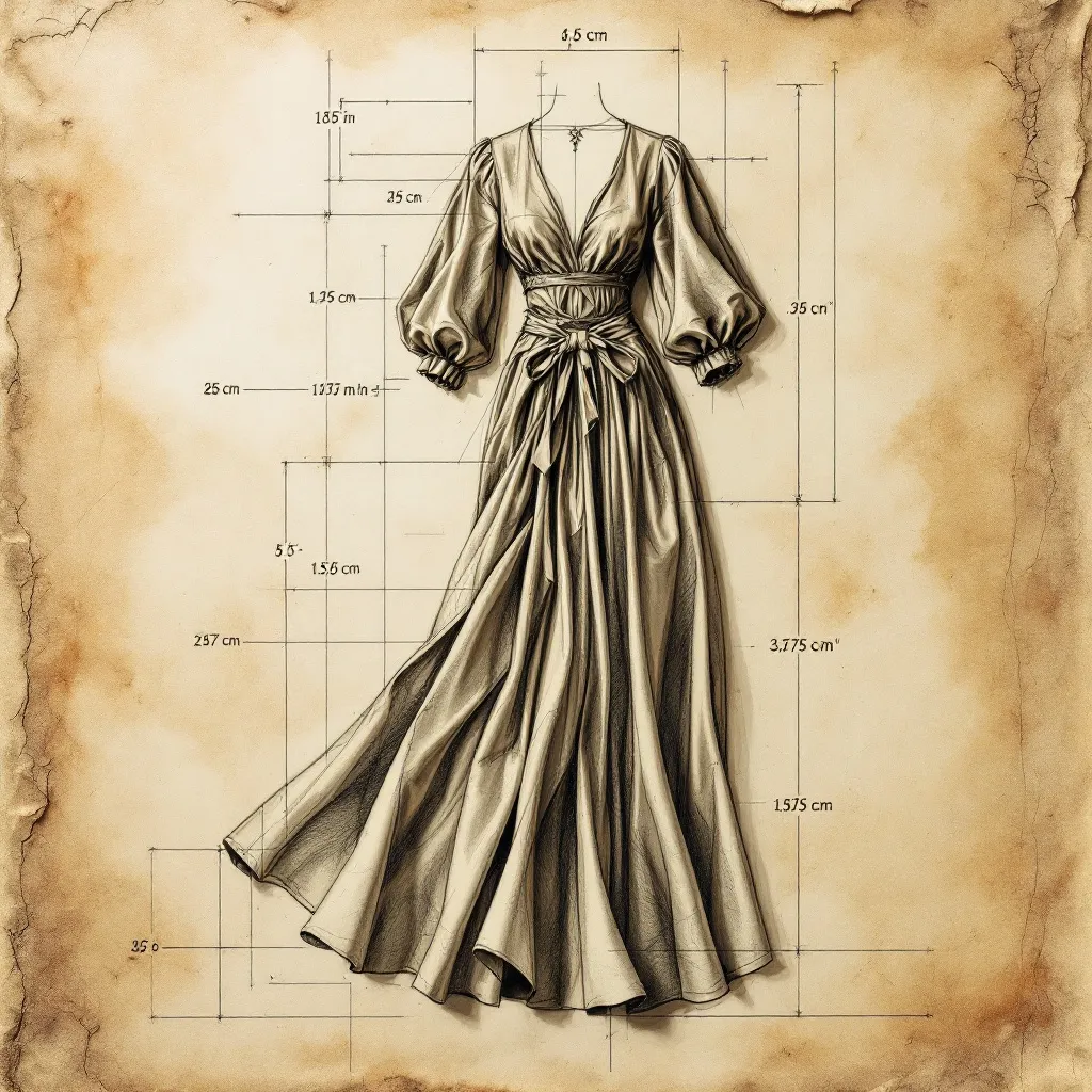 Prompt: technical drawing of a summer dress design, leather fabric, tropical modest style, medieval fantasy, intricately detailed pencil sketch with numbers and measures, elegant flowing shapes, rustic parchment background, soft texture contrasts, warm highlights,, artistic presentation, dynamic angles, fashion illustration elements, high-quality craftsmanship, refined, inspiring, showcasing creativity and design excellence, beautiful composition.