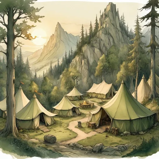 Prompt: Anton Pieck style sketch of a medieval fantasy campsite, big tents, dense forest, distant mountains, sunrise, detailed sketch, vintage, forest green and earthy tones, warm lighting, quaint