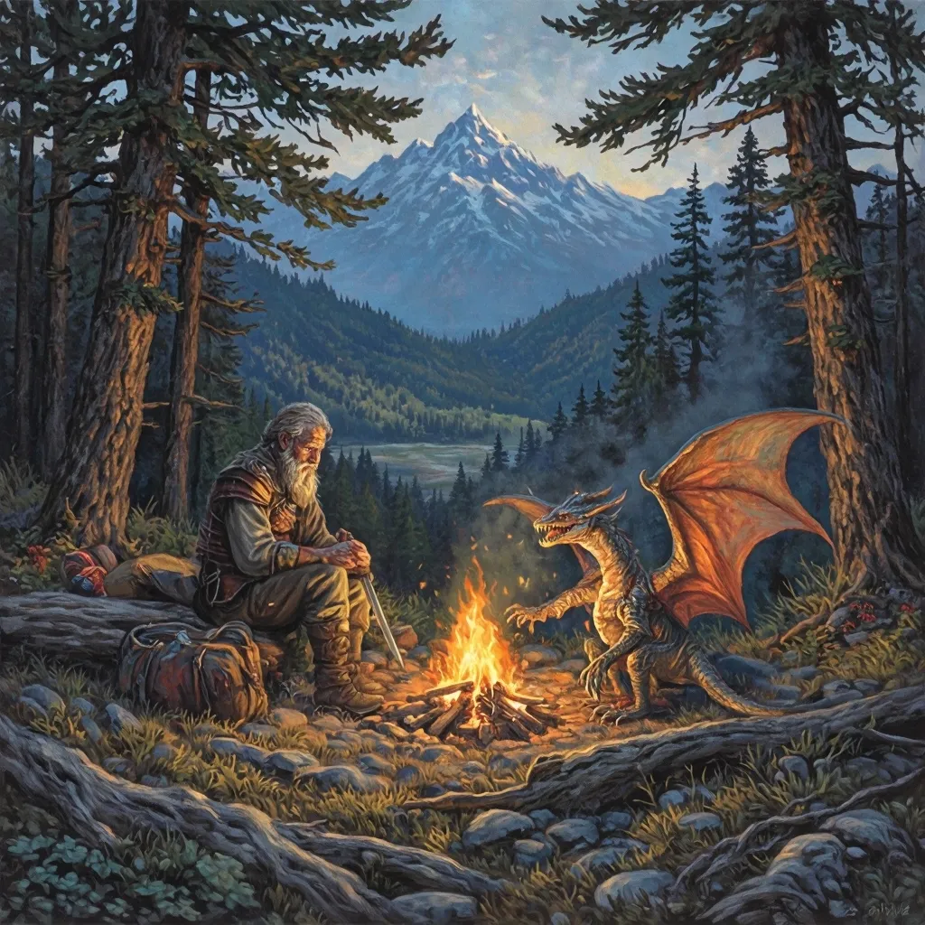 Prompt: detailed oil painting, campfire in the woods, old battered but strong and bearded adventurer sitting by the fire, oiling his blade, medieval fantasy setting, colourfull winged dragon resting at its feet, wearing leather armor, bedroll by the fire, backpack against the tree, dusk atmosphere with warm golden and deep blue tones, flickering flames casting soft light, surrounded by large saquoias , shadows dancing, detailed valley view below, enchanting ambiance.