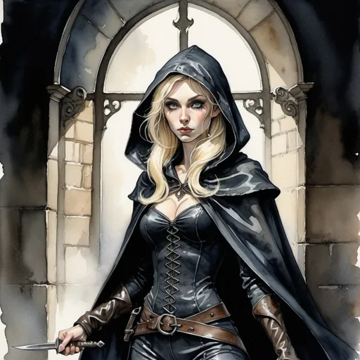 Prompt: Anton Pieck style, medieval fantasy watercolor of a stunningly beautiful blond female elf, assassin character, intent to kill, eyes in the pray, in black high value satin lined fabric and cloak, hooded, detailed fabric paterns, high heel boots, active stance ready to strike, at night, intense shadows, detailed facial features, high quality, DnD character,  dark fabric, blonde hair, intense shadows, coming from the shadows, sweeping, mysterious,foggy , professional quality, throwing knifes, leggings