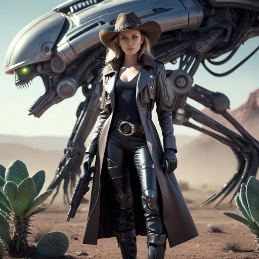 Prompt: full body Cowgirl in futuristic sci-fi setting, cowboy hat,  high-tech materials, detailed cowgirl outfit with leather duster trenchcoat, overcoat, intense and confident expression, alien planet, alien animals, bionic inplants on the face, high-res, ultra-detailed, sci-fi, laser guns, sciborg, futuristic, cowgirl, high-tech, detailed outfit, atmospheric lighting