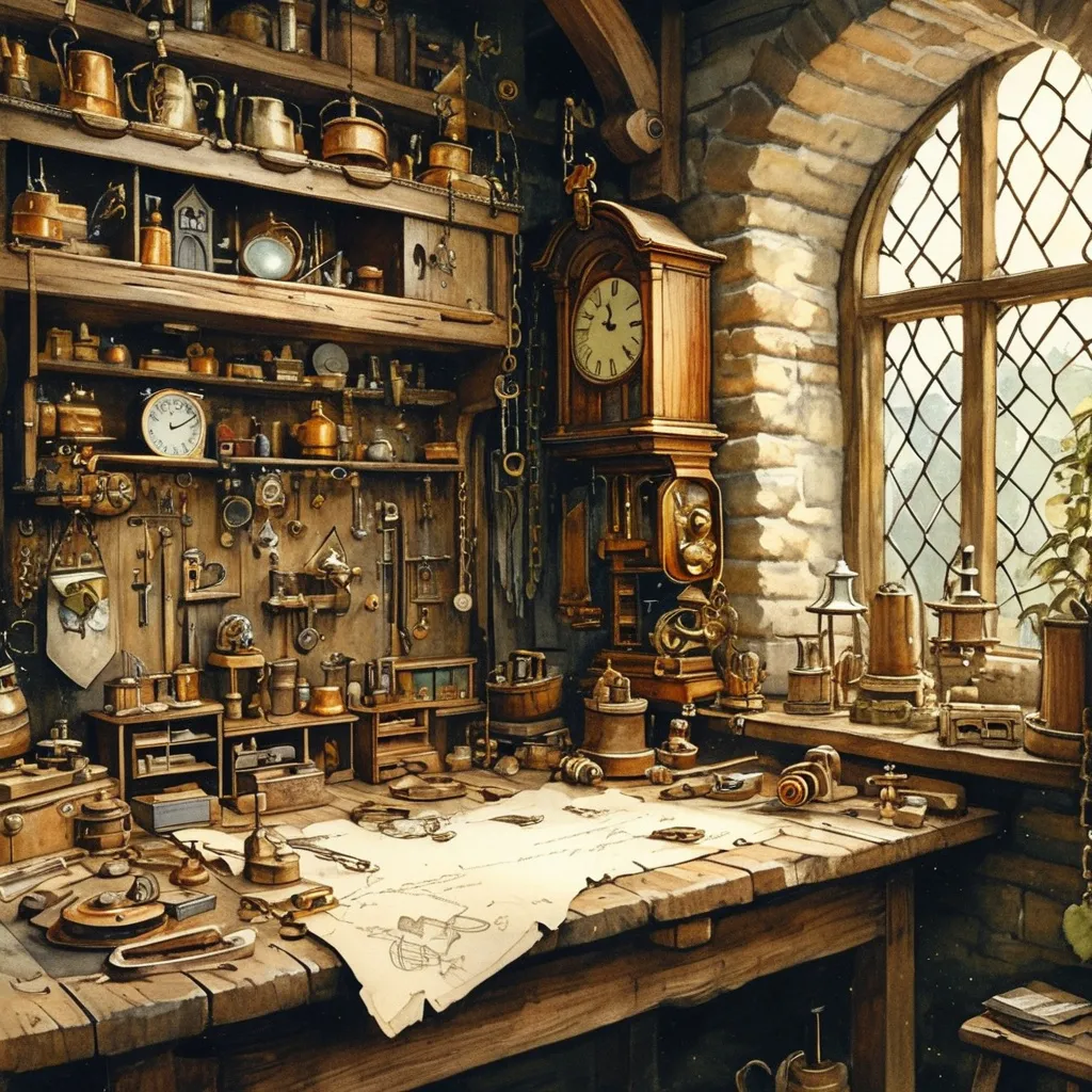 Prompt: (old man clock maker), (antique wooden workshop), (gears and levers) in intricate detail, medieval fantasy setting, watercolor painting anton pieck style, soft and muted colors, warm ambient lighting, filled with dust motes, nostalgic atmosphere, charming clutter, whimsical and dreamy quality, ultra-detailed, inviting vibe that captures the essence of craftsmanship and imagination.