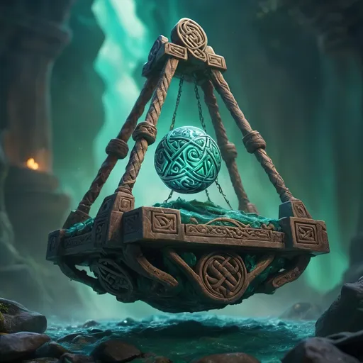 Prompt: (Enchanted catapult floating in the air), (illuminating celtic runes), glowing ethereal light, mystical ambiance, deep emerald and sapphire hues, high contrast, intricate details, misty background, magical aura, shadows swirling, high depth, cinematic masterpiece, ultra-detailed, atmospheric magic, 4K quality, epic fantasy setting.