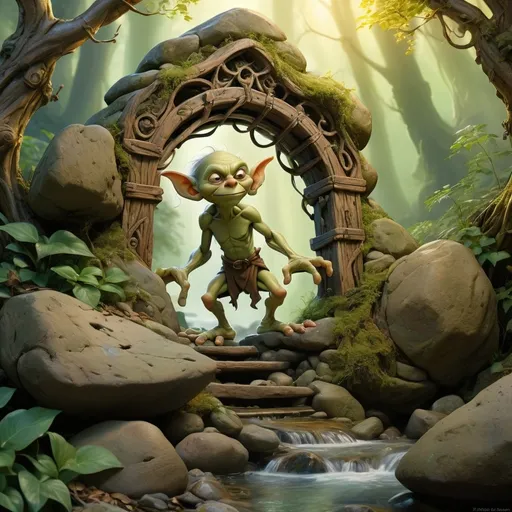 Prompt: (a goblin character  by an ancient magical gate atop a boulder in rocky terrain), anton pieck style, Green and wooden aspects, magical illuminating swirls surounding the tree, little stream flowing from the tree, sacred grove, mystical atmosphere, warm golden and emerald tones, rays of light filtering through the branches, enchanted forest background with dense foliage, high-definition, ultra-detailed,  serene and awe-inspiring, crisp image quality, nature's magic, intricate root systems wrapping around the boulder